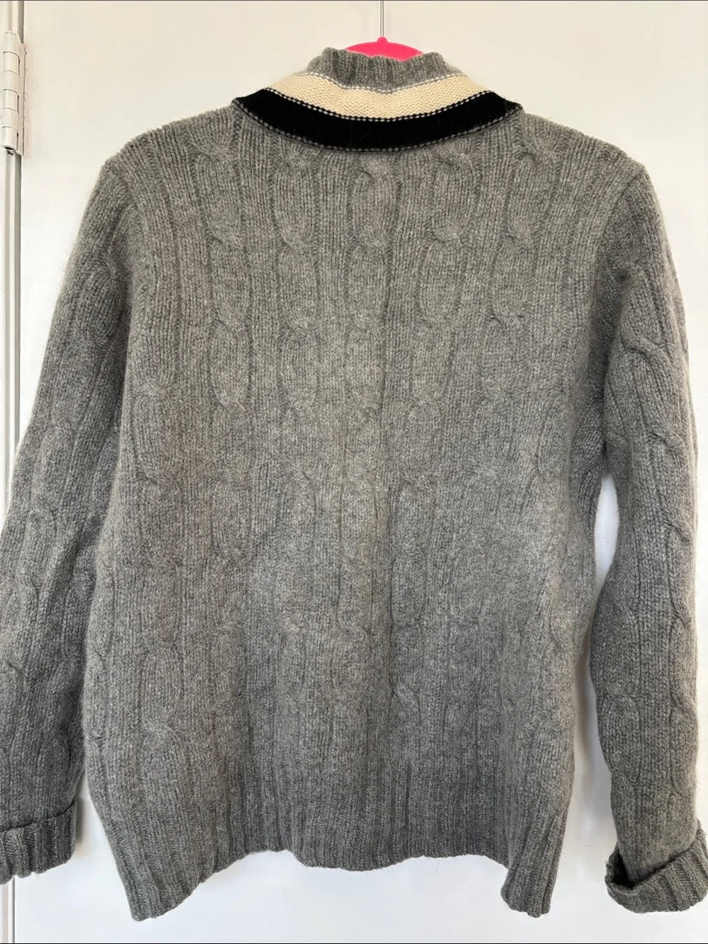 J. Crew Gray Cable-Knit V-Neck Sweater with Cream and Black Trim